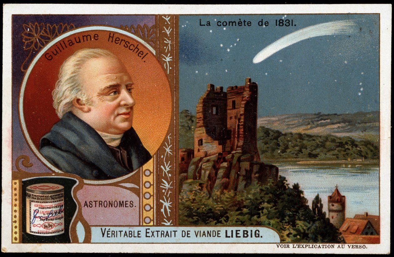 Astronomie: de komeet van 1831, met het portret van William Herschel (Friedrich Wilhelm Herschel) (1738-1822) - Liebig chromolithografie door French School