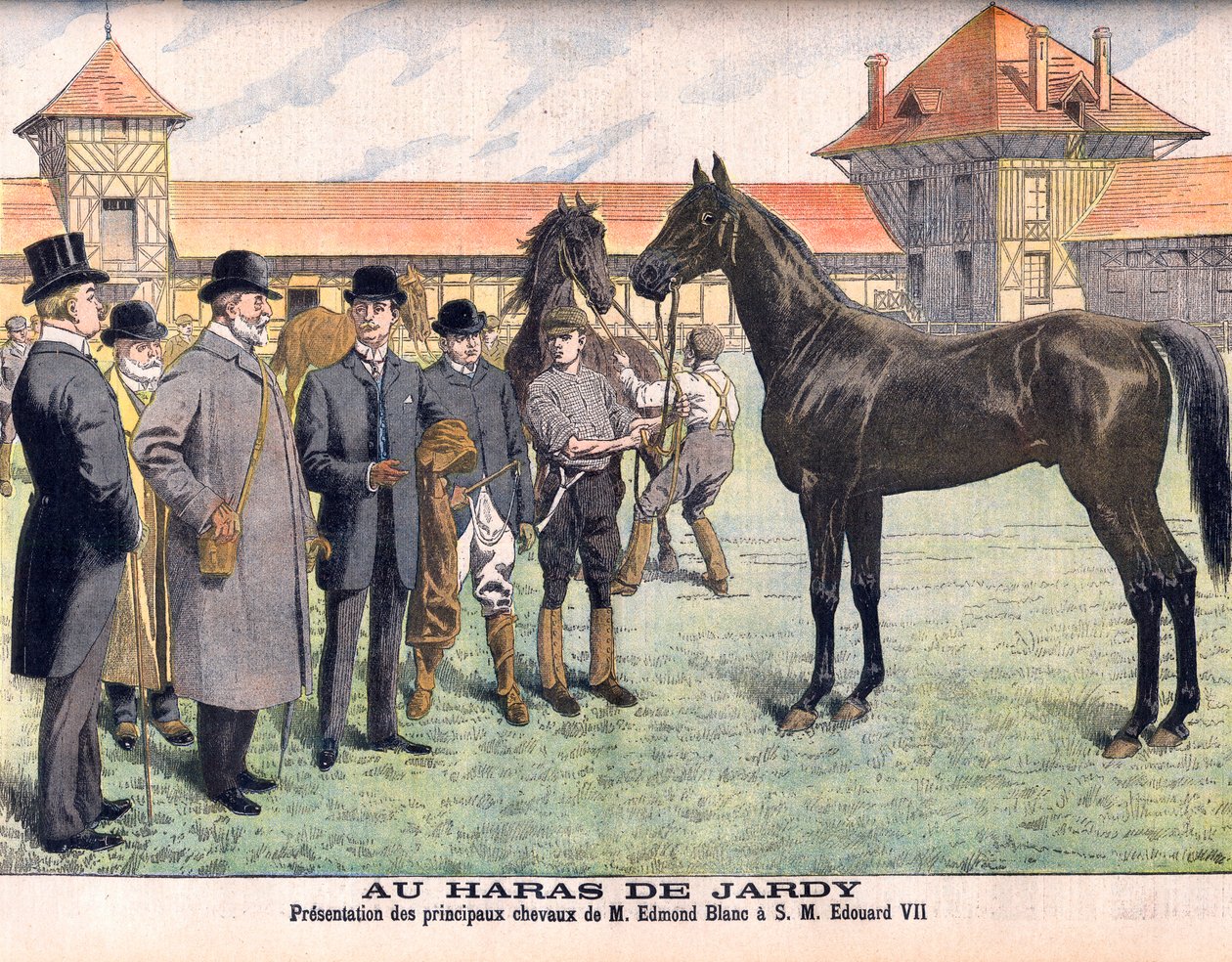 Op de stoeterij van Jardy buiten Parijs (Marnes-la-Coquette). Fokker Edmond Blanc toont zijn beste paarden aan koning Edward VII. De stoeterij van Jardy. Presentatie van de belangrijkste paarden van de heer Edmond Blanc aan HM Edouard VII (1841-1910). Illu door French School
