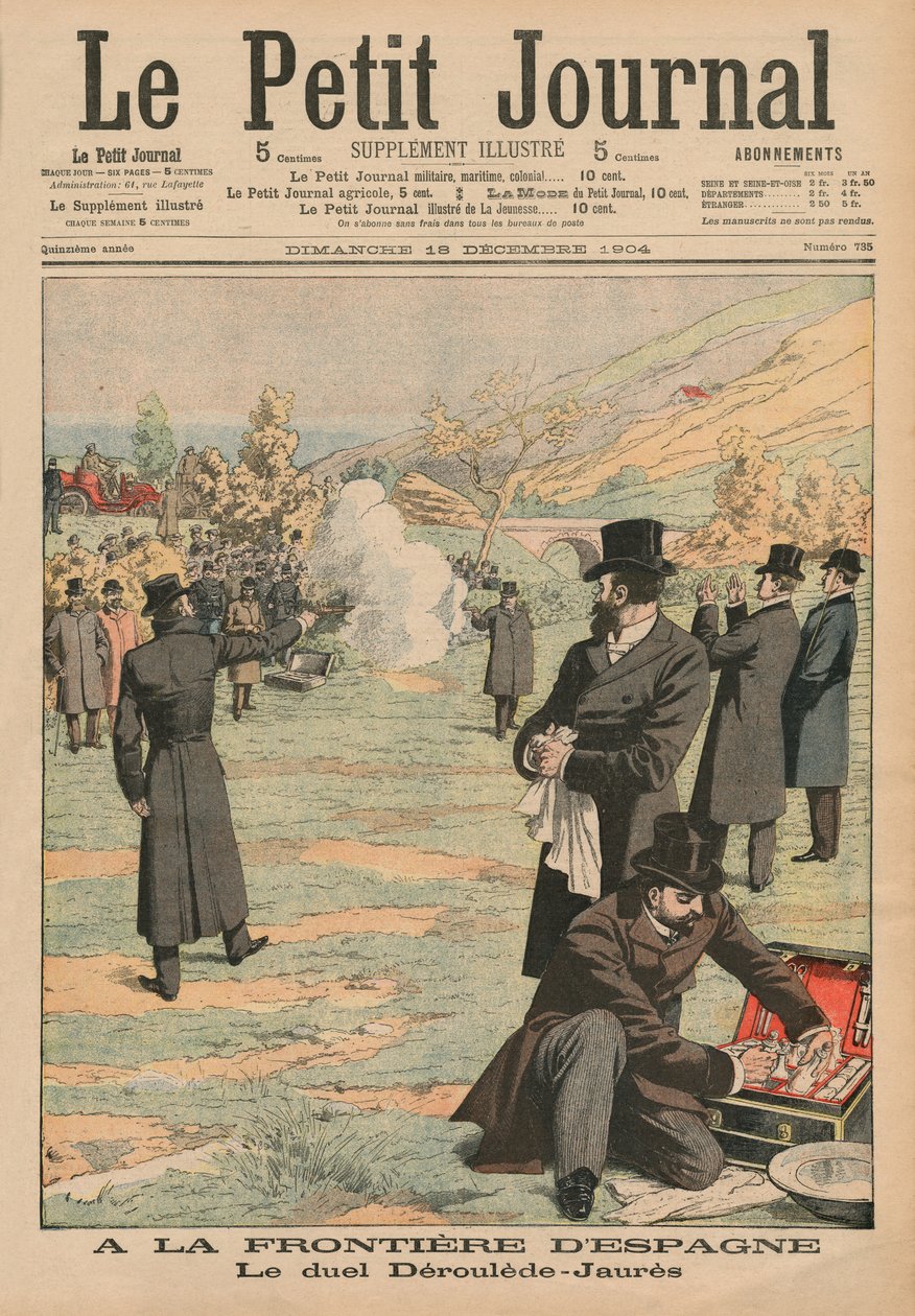 Aan de Spaanse grens, duel tussen Paul Deroulede en Jean Jaures, illustratie uit Le Petit Journal, Supplement illustre, 18 december 1904 door French School