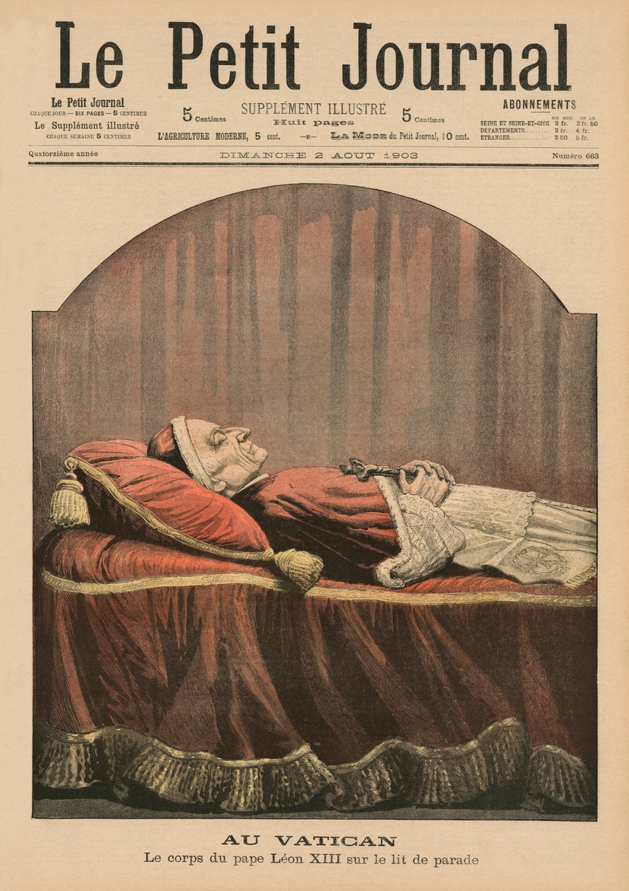 In het Vaticaan, paus Leo XIII opgebaard, voorpagina illustratie van 