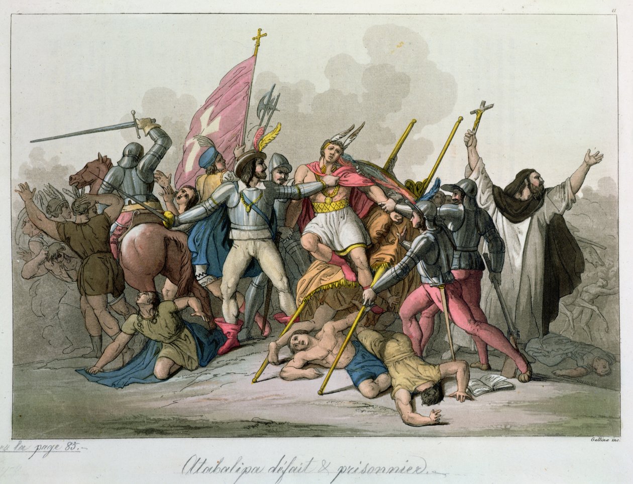 Atahualpa verslagen en gevangengenomen door de troepen van Francisco Pizarro, 1820 door French School