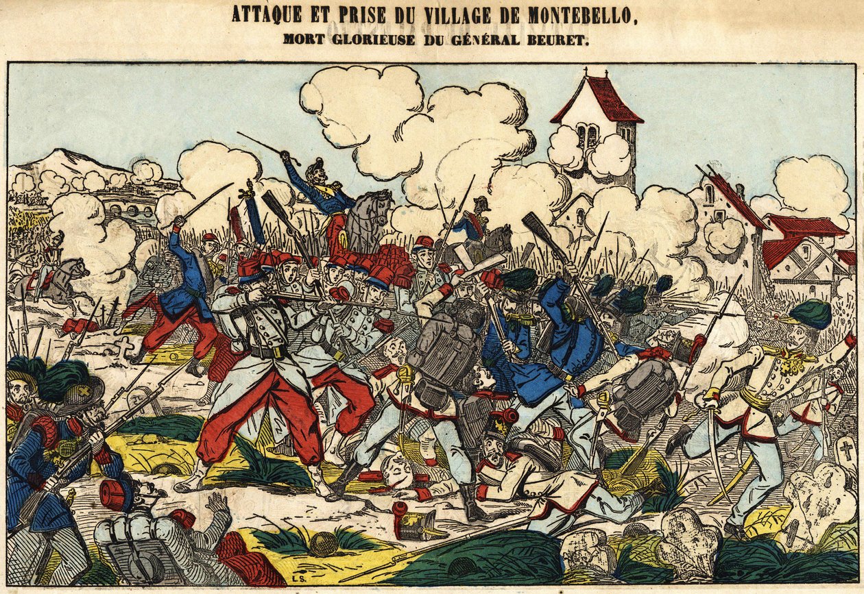 Aanval en verovering van het dorp Montebello, de glorieuze dood van generaal Beuret in 1859. Afbeelding van Epinal door French School