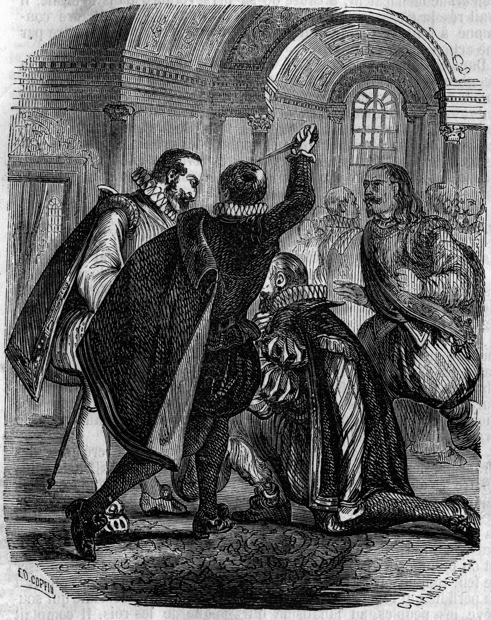 Poging tot moord op Jean Chastel (Jean Chatel) (1575-1594) op de koning van Frankrijk Hendrik IV op 27 december 1594. Gravure uit de 19e eeuw. door French School