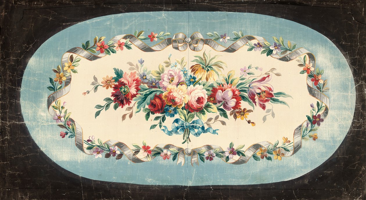 Aubusson ontwerp voor een bankrug of zitrug van boeketten van gemengde bloemen binnen lint- en bloemenranden door French School