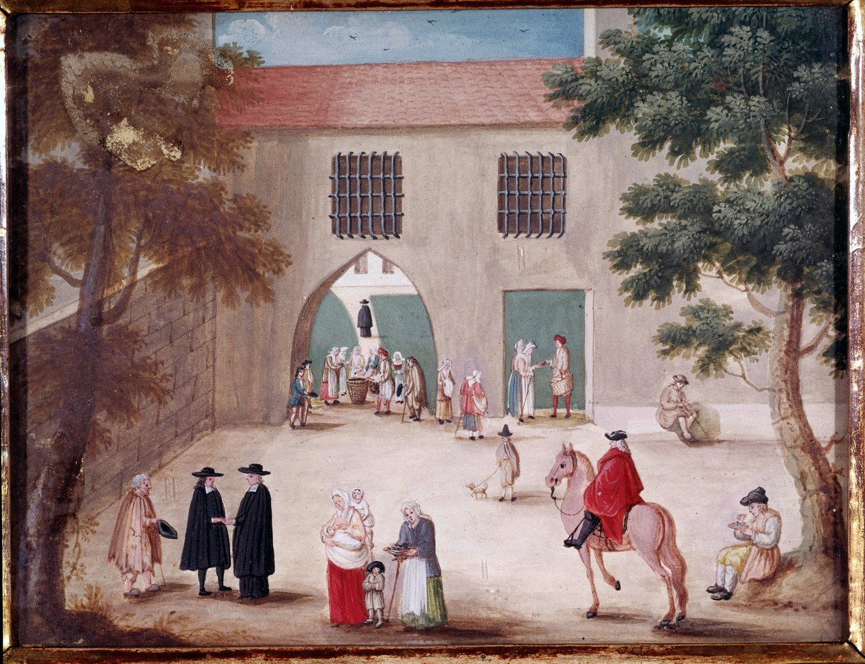 Aumônes in de binnenplaats van de abdij van Port Royal des Champs Uitzicht op de binnenplaats van Port-Royal-des-Champs. Anoniem schilderij van de Franse school door French School
