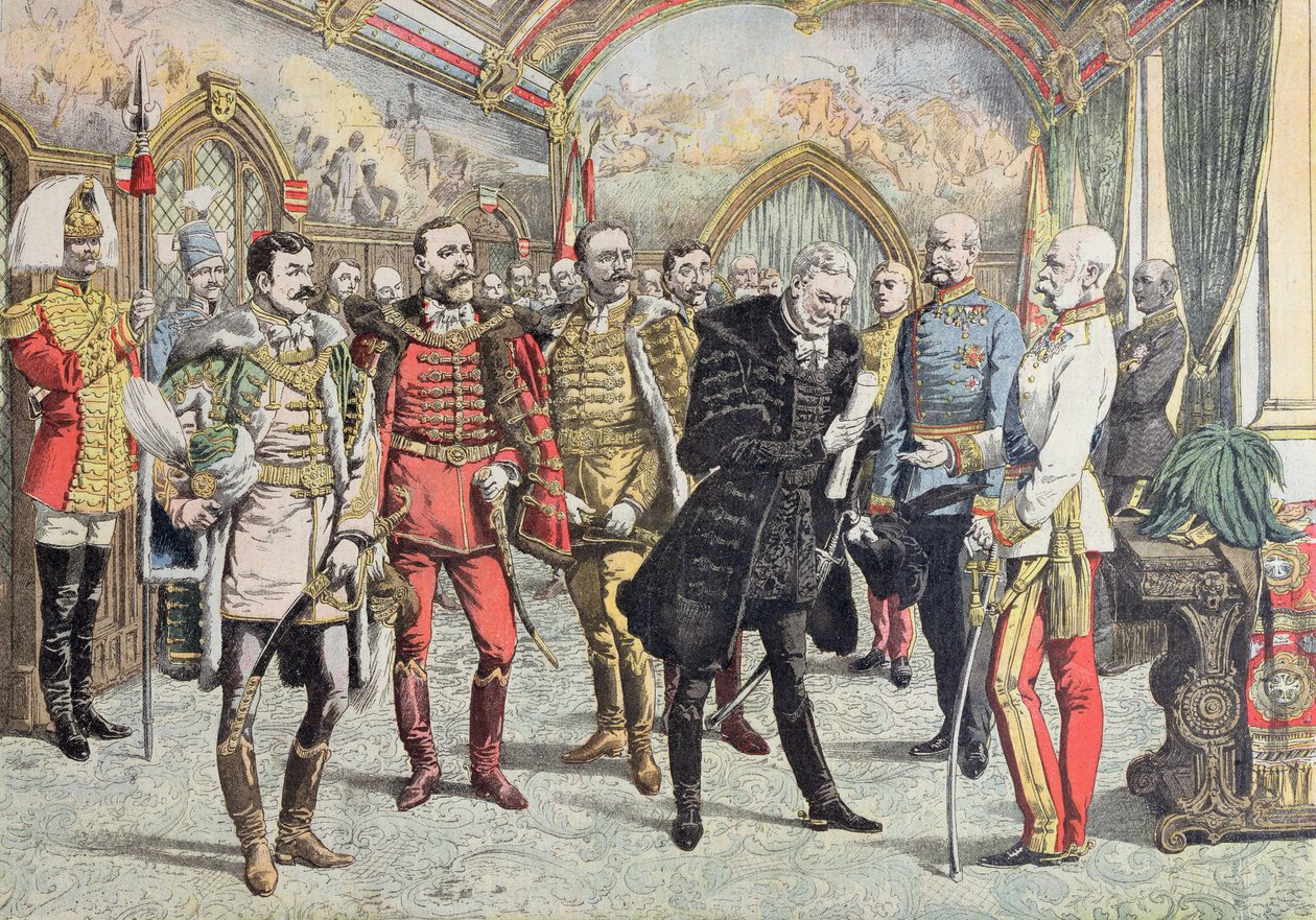 Oostenrijks-Hongaarse crisis - ontvangst van Hongaarse magnaten door keizer Franz Josef, illustratie uit Le Petit Journal, 15 oktober 1905 door French School