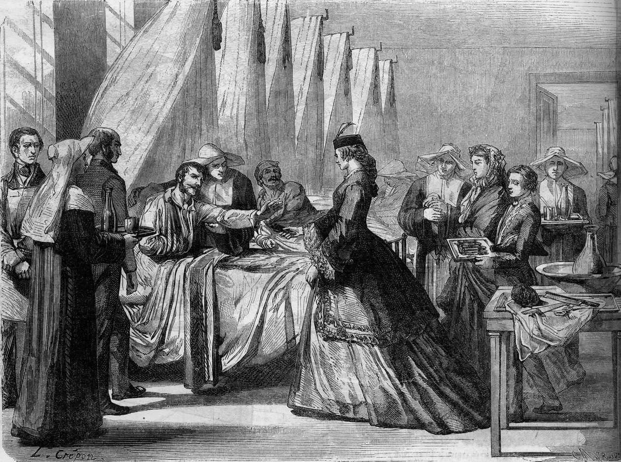 Oostenrijks-Pruisische Oorlog (1866): Keizerin Elisabeth van Oostenrijk (Sissi) (1837-1898) bezoekt gewonde soldaten in Wenen. Gravure in 