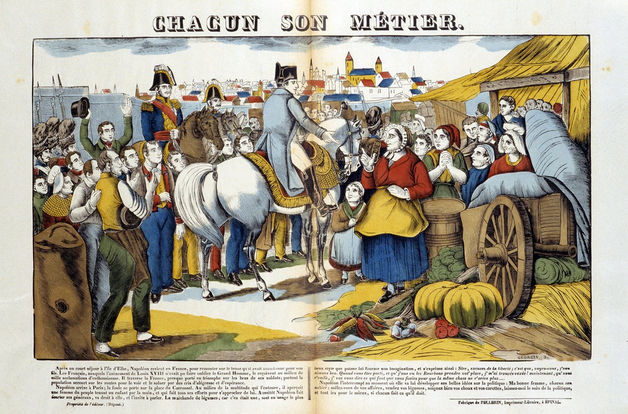 Terug van Elba-eiland, Napoleon werd enthousiast begroet door de Fransen. Afbeelding van Epinal door French School