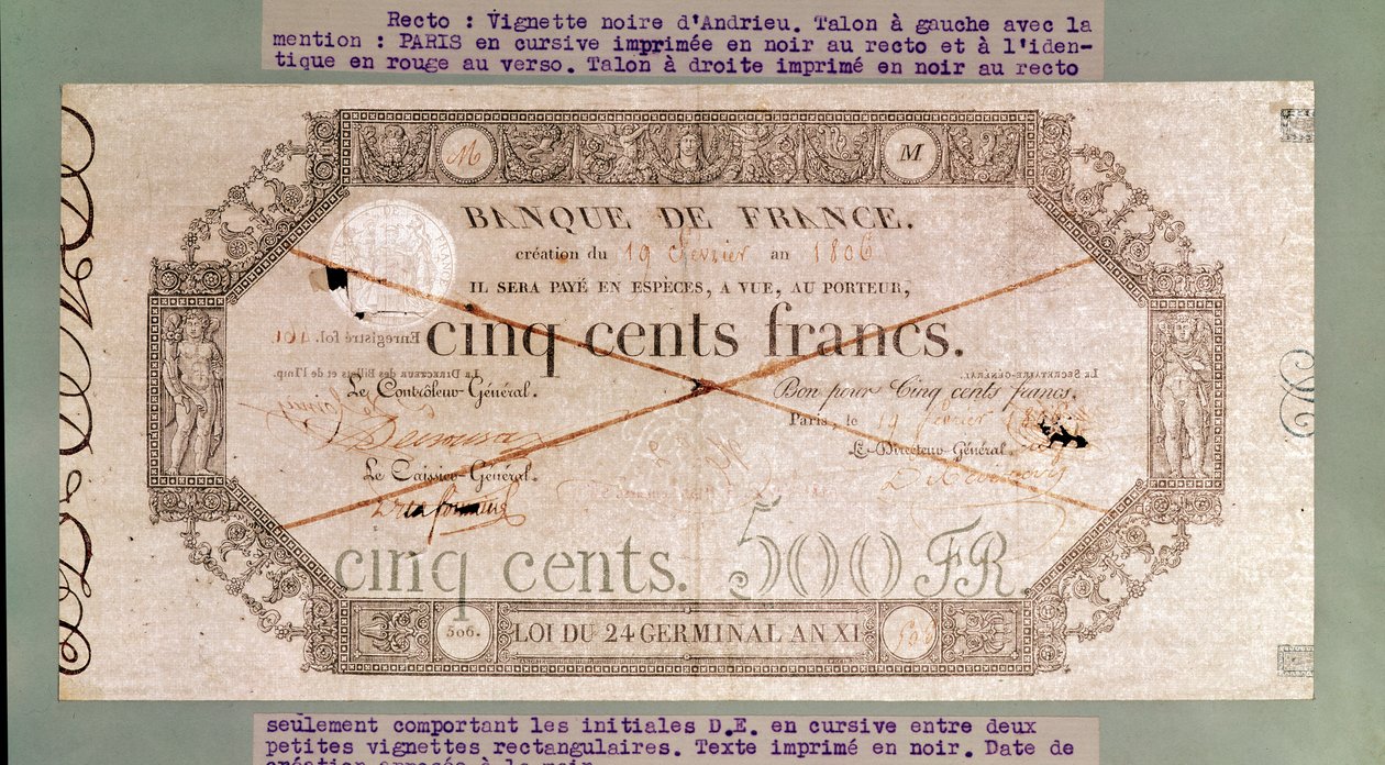 Bankbiljet voor 500 francs van de 24e Germinal van het Jaar XI, 1806 door French School