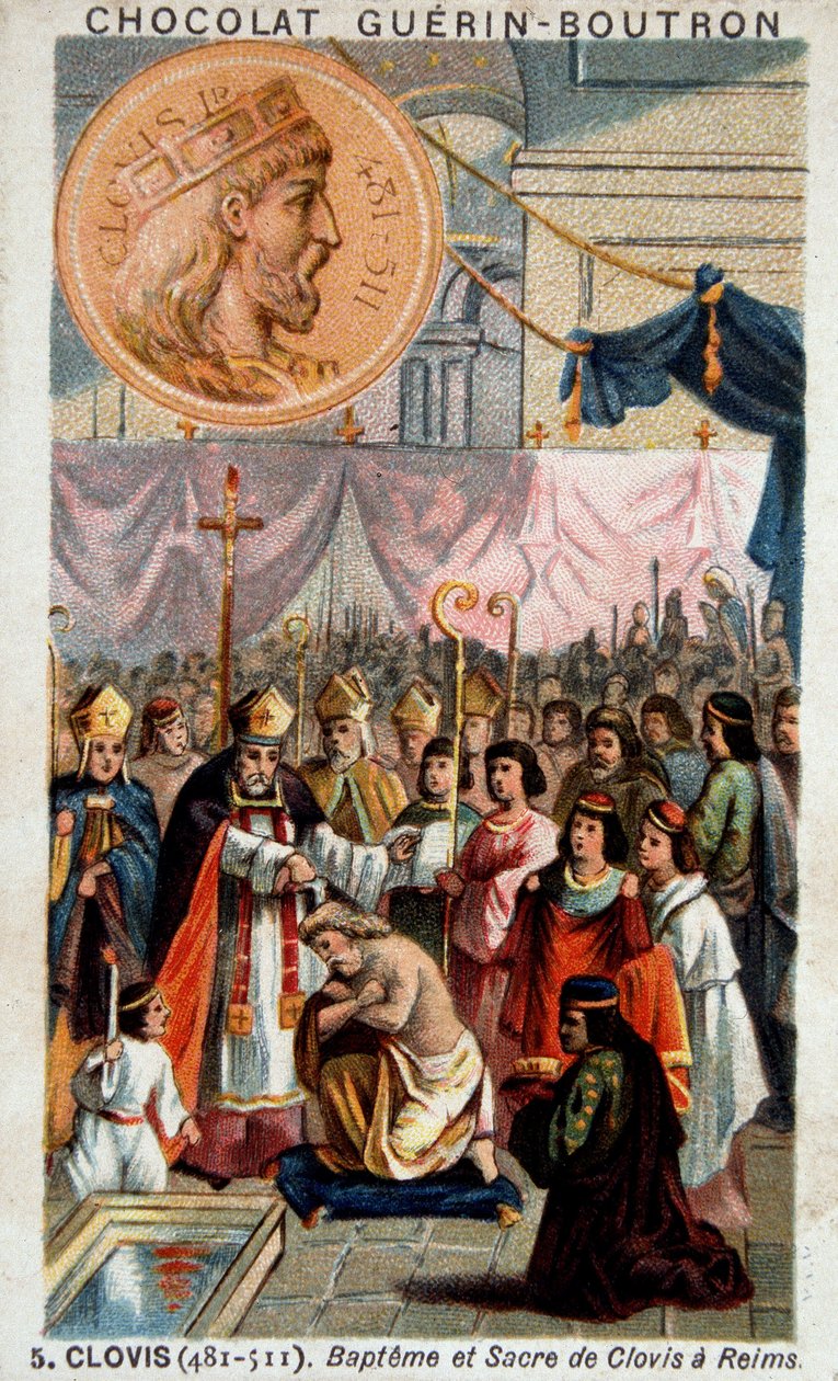Doop en kroning van Clovis in de Kathedraal van Reims, 25 december 496, door Saint Remi, bisschop van Reims door French School