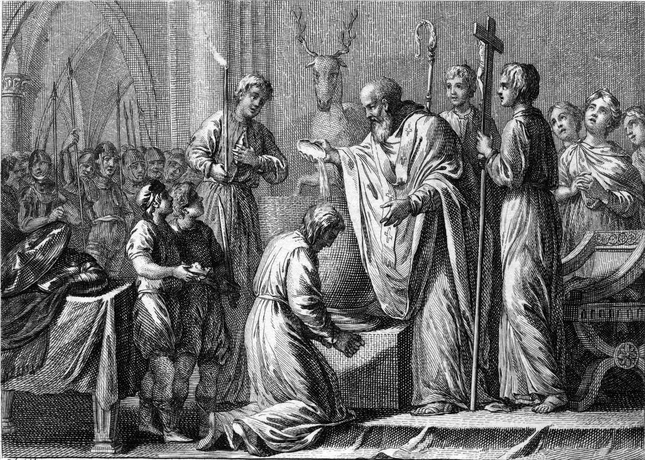 Doop van Clovis I, 25 december 496: de koning van de Franken (466-511) wordt gedoopt door Sint Remi (437-533), bisschop van Reims, in de kerk van Sint Martin. Gravure uit de 18e eeuw. door French School