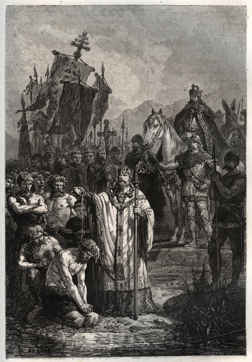 Doop van de heidense Saksische leider Widukind onder druk van keizer Karel de Grote - Karel de Grote dwingt de Saksen tot de doop - Bekering van Widukind voor Karel de Grote in 785 - gravure uit 