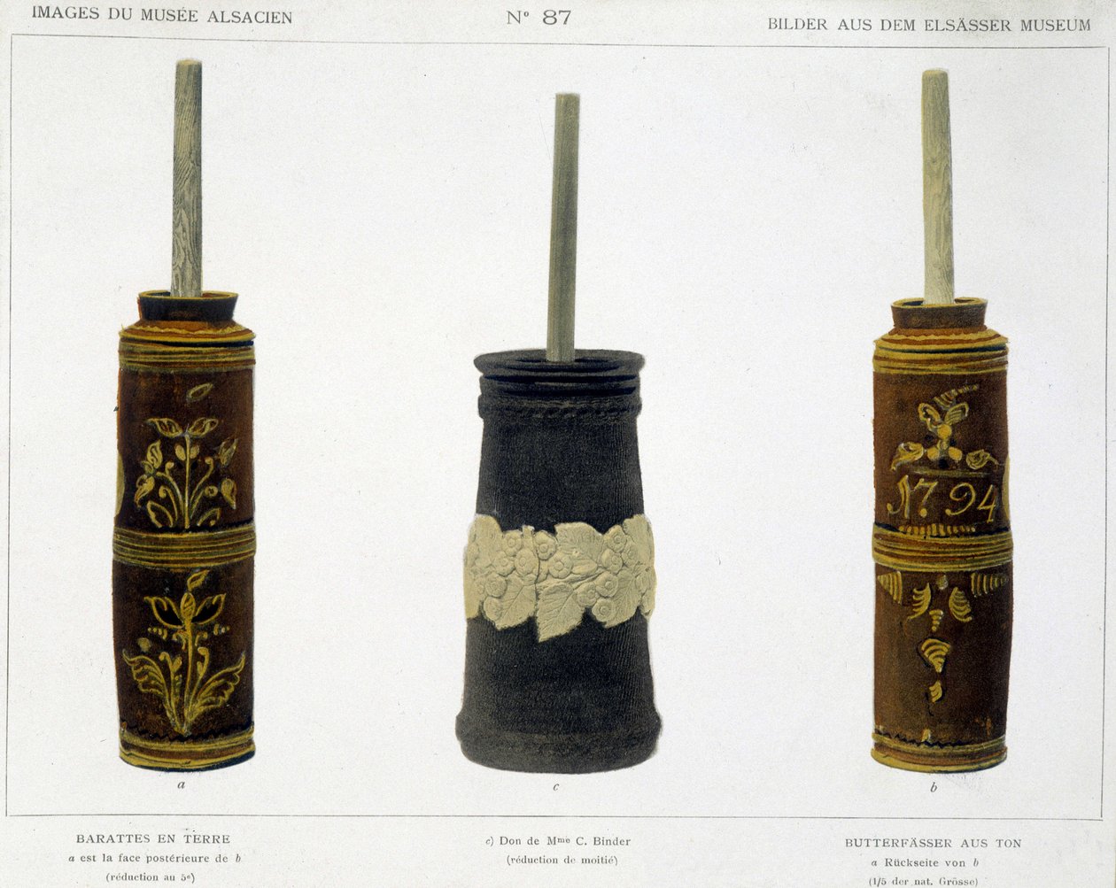 Barattes (voor de vervaardiging van boter) in bewerkte aardewerk bewaard in het Elzasser Museum, ca. 1800 door French School