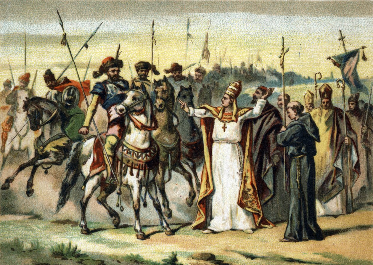 Barbaarse invasies - Attila en Sint Leo I de Grote (440-461): de barbaar Attila, leider van het Hunnenvolk, ontmoet paus Sint Leo de Grote die erin slaagde hem te overtuigen Italië te sparen. Chromolithografie van de late 19e eeuw door French School