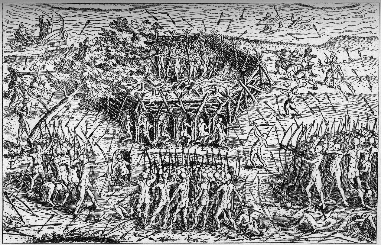 Slag tussen het Franse leger van Samuel de Champlain en de Iroquois. Canada, begin 17e eeuw. Gravure in 