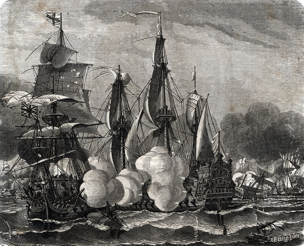 Slag bij Bantry Bay, zeeslag gevochten op 11 mei 1689, een week voor de verklaring van de Negenjarige Oorlog (gravure) door French School