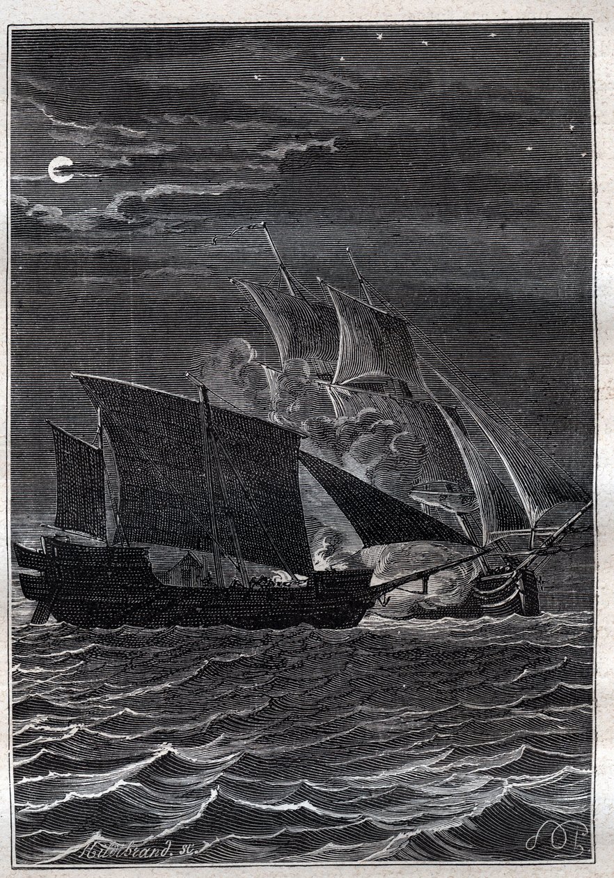 Slag van de Zwaluw en een Maleisische piraat: Het Zwaluwschip van Philip Carteret of Philippe de Carteret (1733-1796) vocht met een Maleisisch piratenschip in de Indonesische wateren in 1767 - illustratie uit 