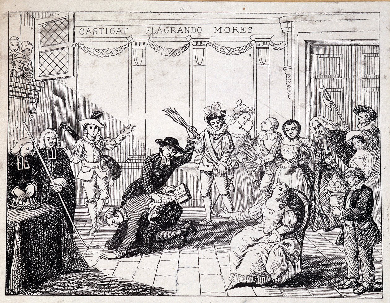 Beaumarchais geseling in Saint Lazare - scène van geseling door Beaumarchais, met in de hand de brochure van de Folle journée - naar schilderij van de Comédie Française, gravure door French School