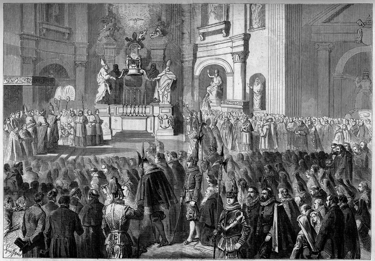 Zegen door paus Pius IX (1792-1878) van het altaar van de preekstoel van de Sint-Pieterskerk in Rome, na restauratie. Altaar gebouwd tussen 1656 en 1658 door Gianlorenzo Bernini. door French School