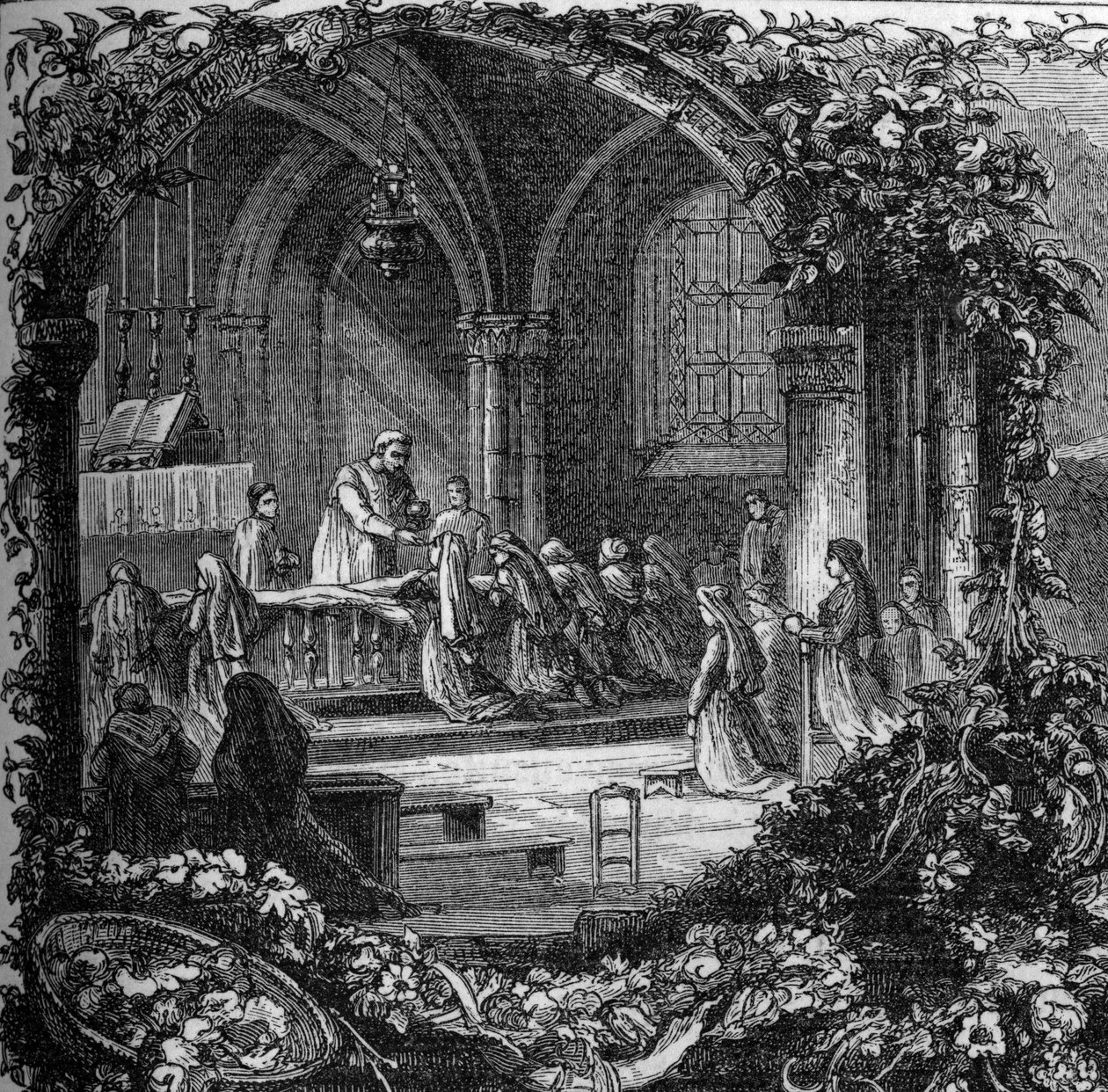 Bernadette Soubirous (1844-1879) tijdens haar eerste communie. 19e eeuw (na 1858). Gravure in "Notre Dame de Lourdes" door Henri Lasserre door French School
