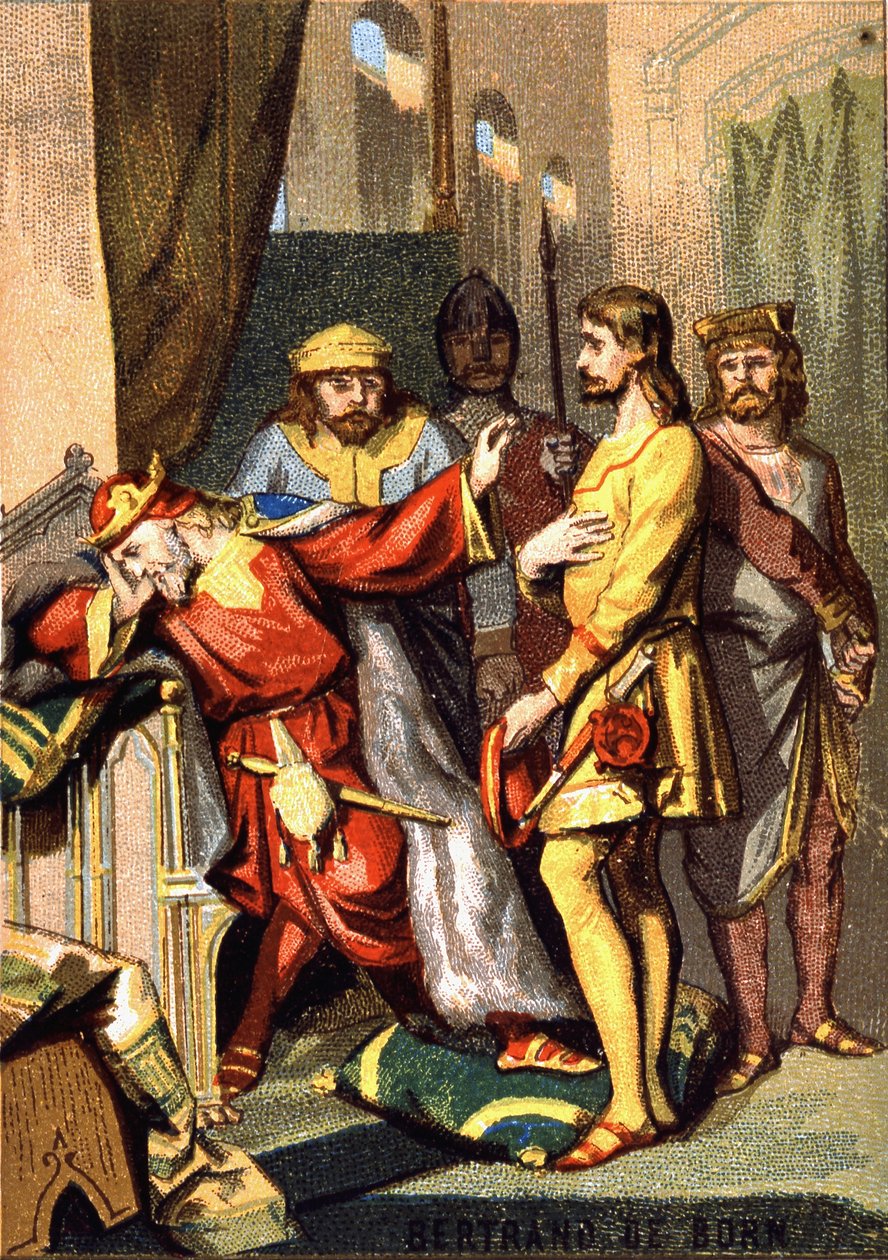 Bertran (Bertrand) de Born (1140 - 1215) troubadour perigordin, heer van Hautefort, voor Hendrik II (1133 - 1189) van Engeland. Chromolithografie uit de serie 