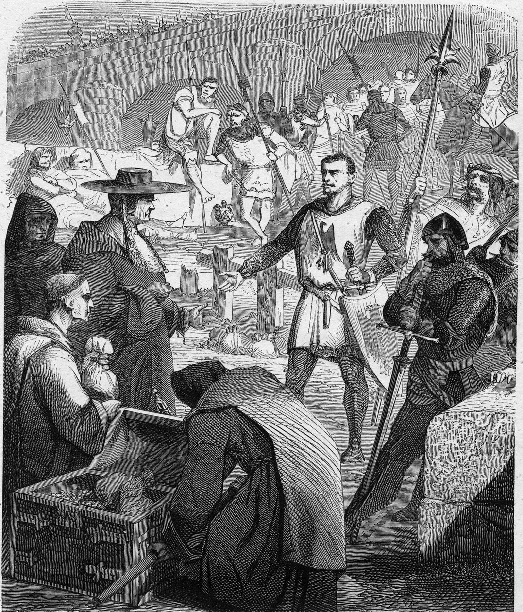 Bertrand du Guesclin (Duguesclin) (ca.1320-1380) connetable van Frankrijk weigert geld te ontvangen van de inwoners van Avignon. Gravure in 