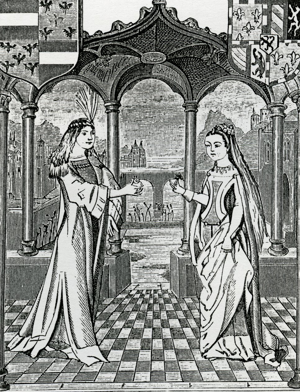 Verloving van Maximiliaan I en Maria, Hertogin van Bourgondië in 1477, naar een afbeelding in de Chroniques de Flandre door French School