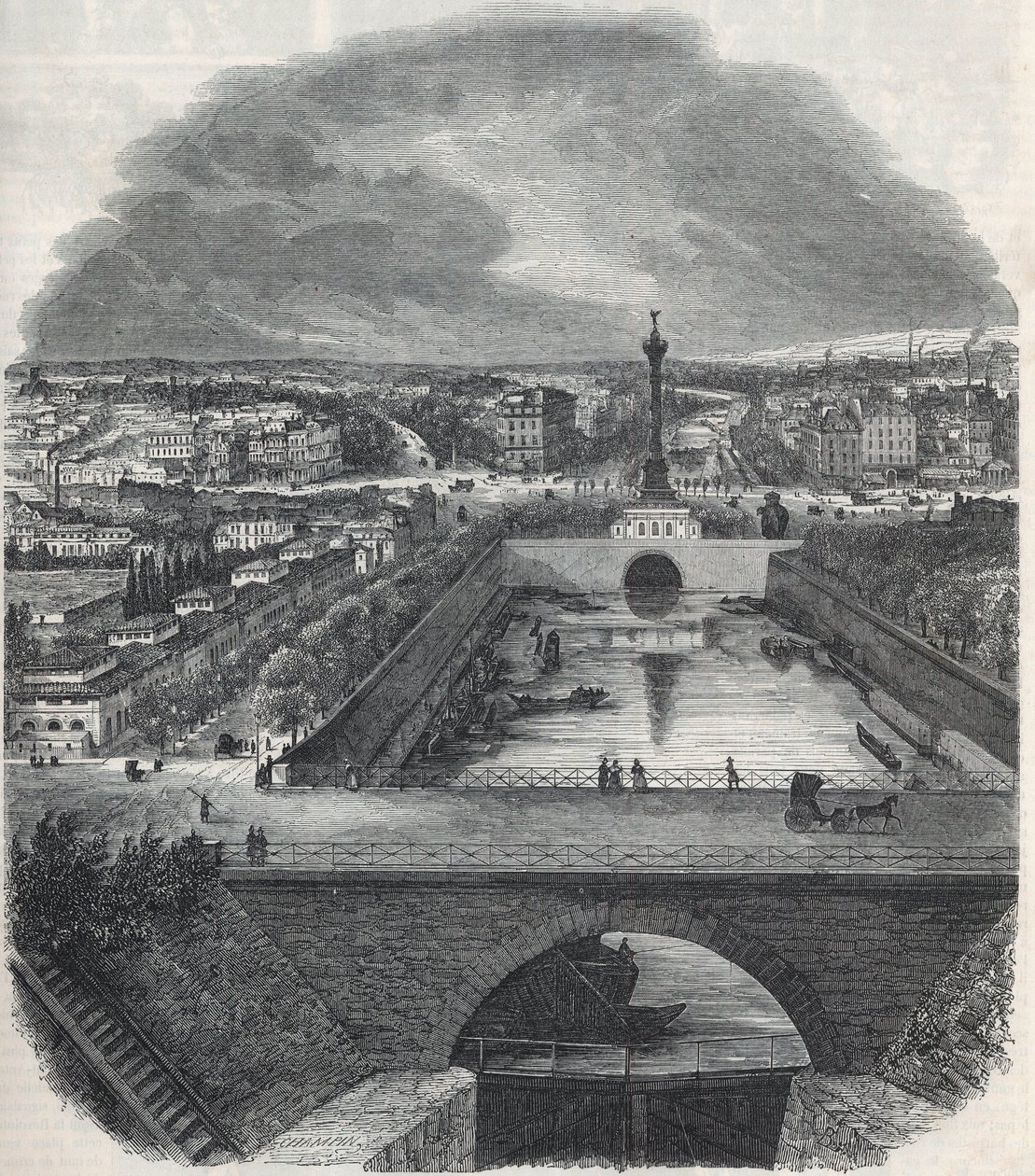 Vogelperspectief van het Canal Saint-Martin (Saint Martin), het plein en de wijk Bastille, genomen vanaf de rechteroever van de Seine - Gravure in 