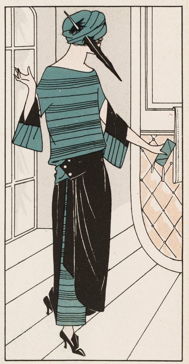 Zwart met turquoise crêpe de Chine jurk uit de jaren 1920 (kleurenlitho) door French School