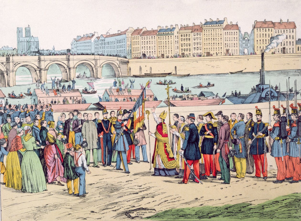 Zegening van de vlaggen in Parijs voor het vertrek van de kolonisten naar Algerije in 1843 door French School