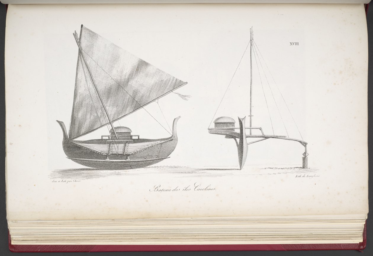 Boot van de Caroline-eilanden, uit Voyage pittoresque autour du monde, met portretten van wilden uit Amerika, Azië, Afrika en de eilanden van de grote Oceaan; landschappen, zeegezichten en verschillende objecten van natuurlijke historie; vergezeld van besc door French School