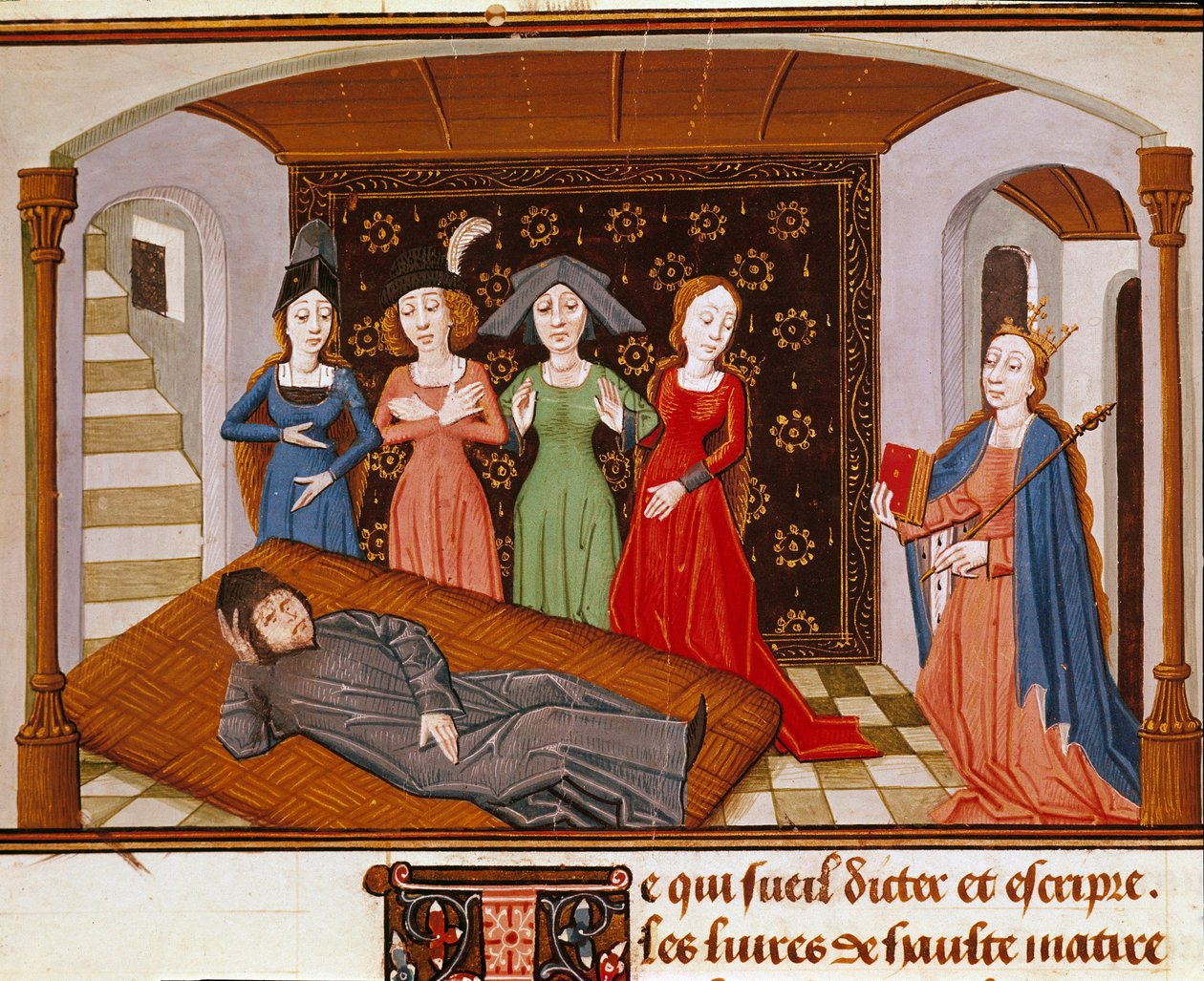 Boece (Boethius) omringd door Filosofie en Muzen. Miniatuur uit 