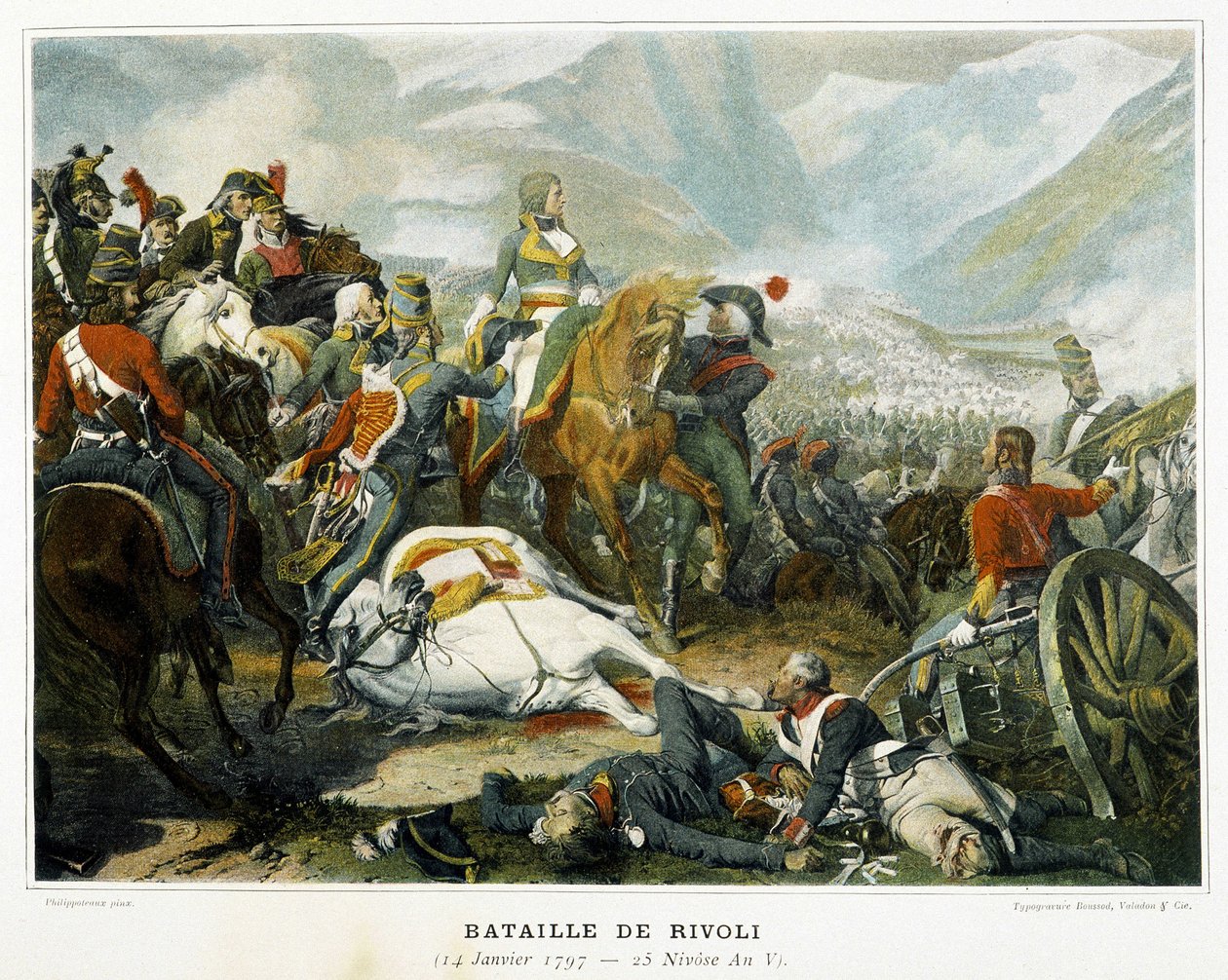 Bonaparte (midden), na zijn overwinning op de Oostenrijkers bij de Slag bij Rivoli (Italië) op 14 januari door French School