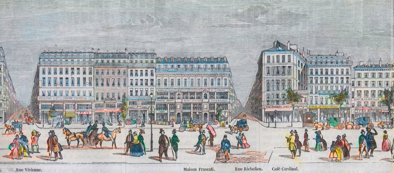 Boulevard Montmartre zuidkant en boulevard des Italians zuidkant - Rue Vivienne - Maison Frascati - Rue Richelieu - café Cardinal - Gravure in "Tableau-de-Paris" door Edmond Texier 1852 door French School