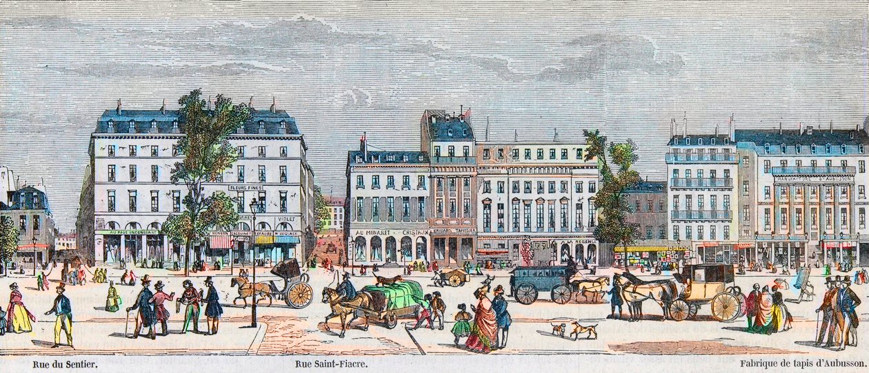 Boulevard Poissonnière zuidzijde - Rue du Sentier - Rue Saint Fiacre - Gravure in 