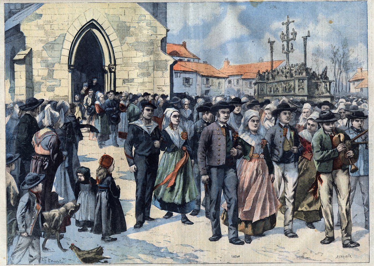 Bretonse gewoonte: Traditioneel huwelijk in Plougastel (Finistère, Bretagne). Huwelijken verlaten de kerk. Gravure in Le Petro Parisien door French School