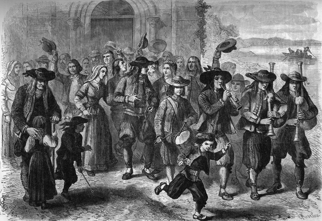 Bretonse gewoonte: stel jonge huwelijken bij het verlaten van de kerk. Aan de top van de stoet zijn spelers van biniou en drum. Treguennec, Finistère (29) door French School