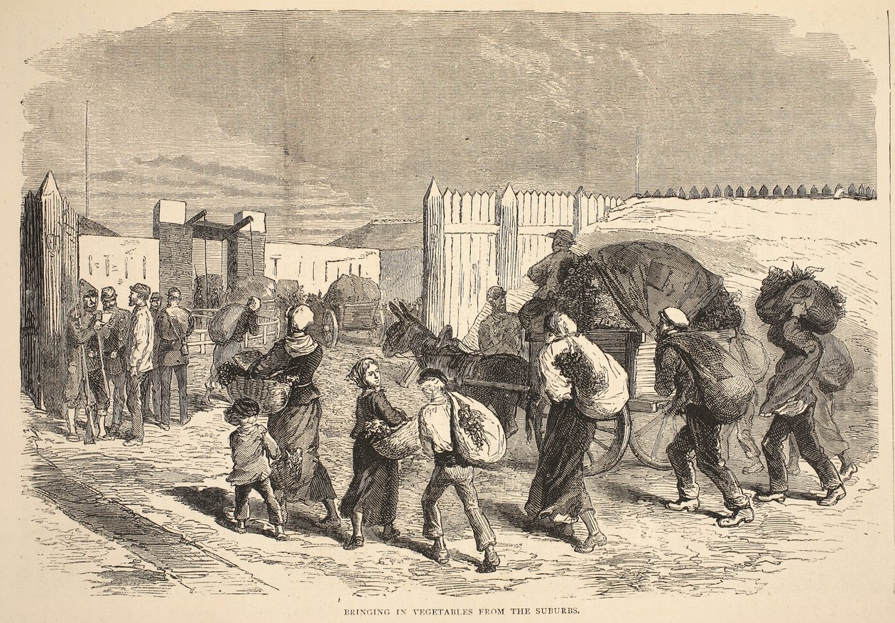 Groenten uit de buitenwijken halen, illustratie uit Cassells Geschiedenis van de Oorlog tussen Frankrijk en Duitsland, 1870-1871 door French School
