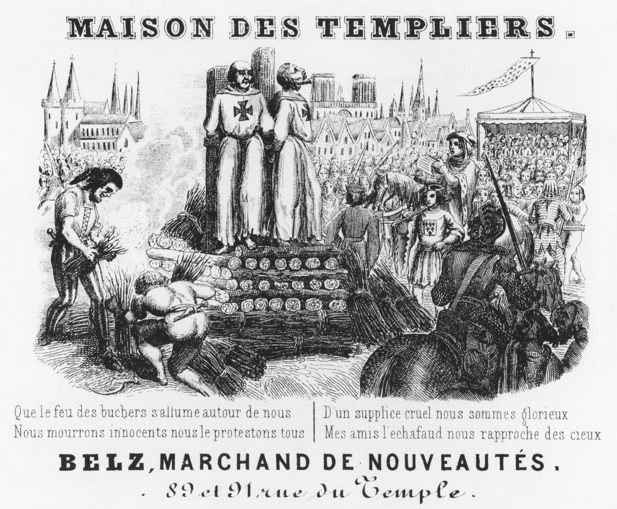 Verbranding van de Tempeliers, briefhoofd van een stoffenwinkel, Maison des Templiers, Belz, rue du Temple, Parijs, ca. 1840 door French School