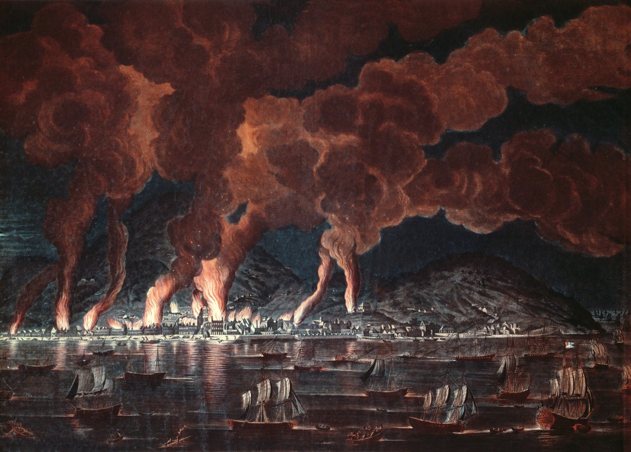 Brand van de stad Cap-Français, Saint-Domingue (Haïti), 1795 door French School