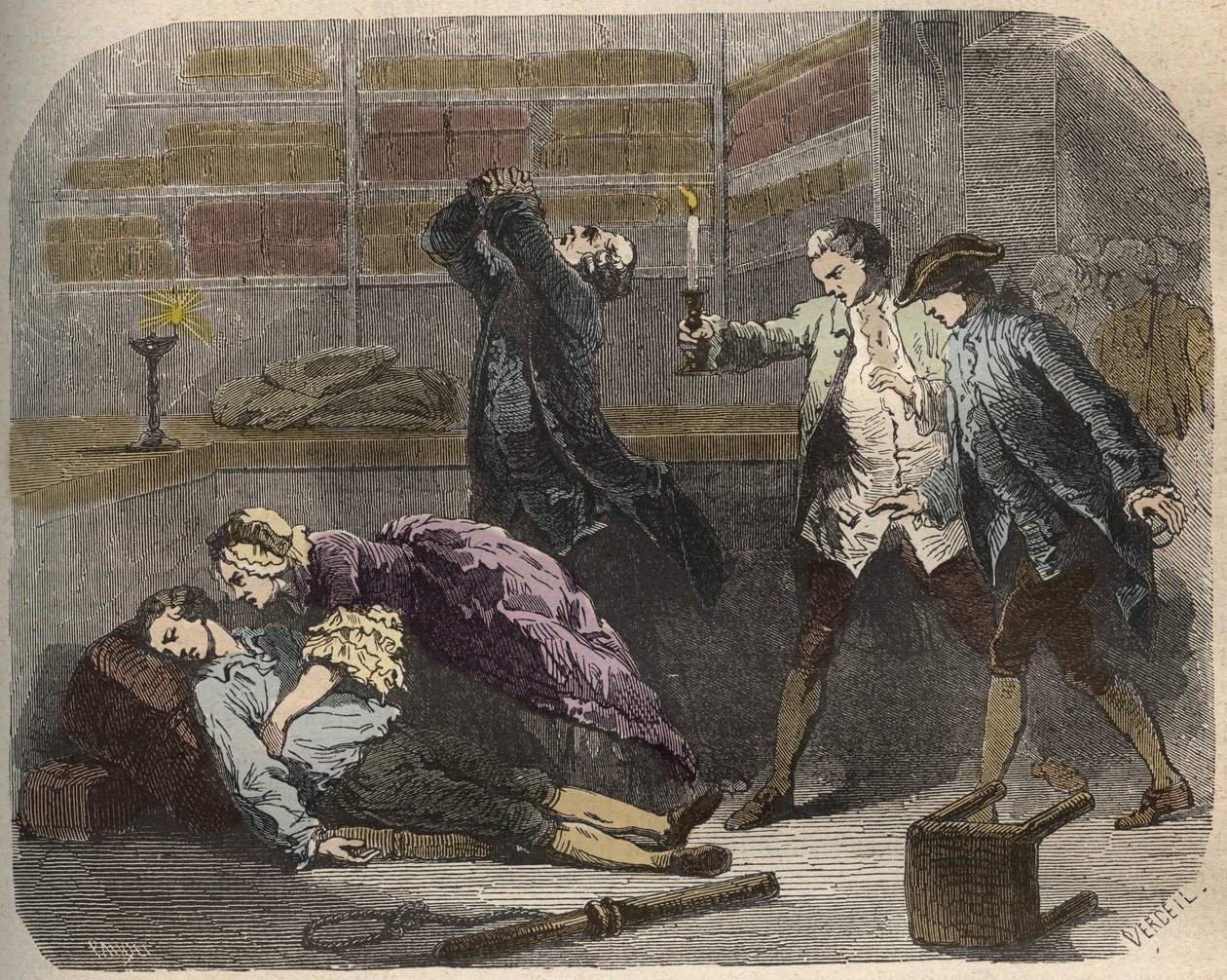 Calas zaak: op 13 oktober 1761 werd Marc Antoine Calas dood gevonden in de familieboetiek in Toulouse - Gravure in 