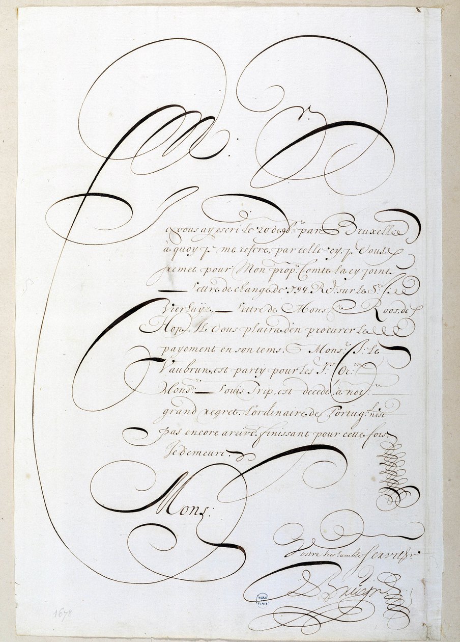 Calligrafie: Brief van rekeningen gecalligrafeerd rond 1678 door Francois de Bruyn. Historische Bibliotheek van de Stad Parijs door French School