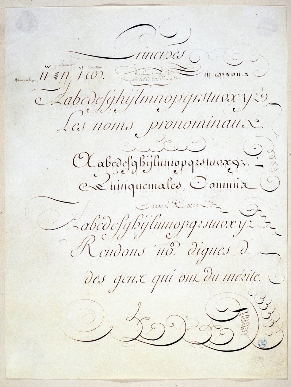 Calligrafie: Manuscriptstuk dat het principe van drie Franse geschriften vertegenwoordigt, tegen het einde van de 18e eeuw door Andre Tardieu door French School