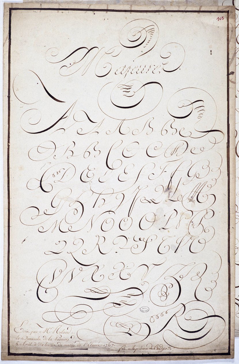 Calligrafie: Plaat van hoofdletters genaamd major batardes, gecalligrafeerd op 5 april door French School