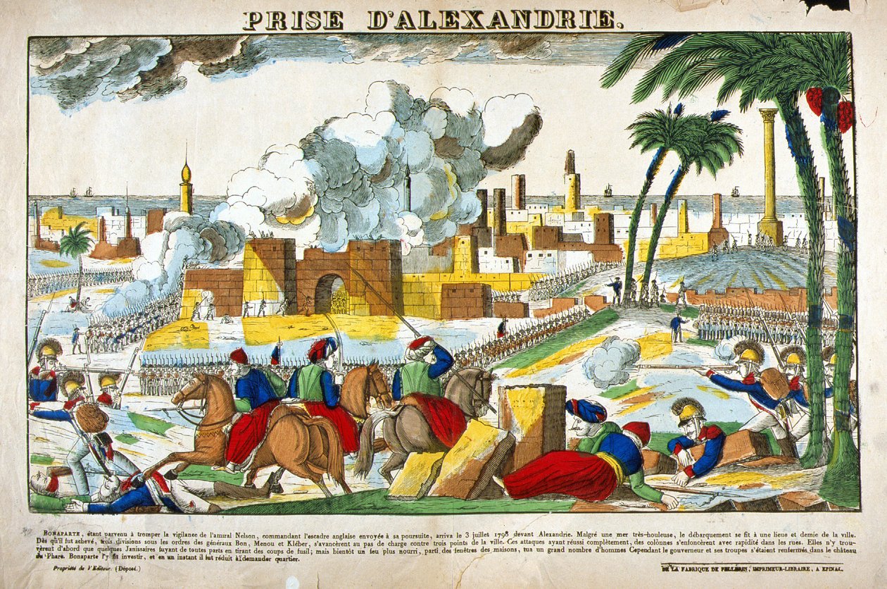 Campagne (Expeditie) van Egypte (1798-1801): Inname van Alexandrië door de troepen van Napoleon Bonaparte in juli 1798. Afbeelding van Epinal door French School