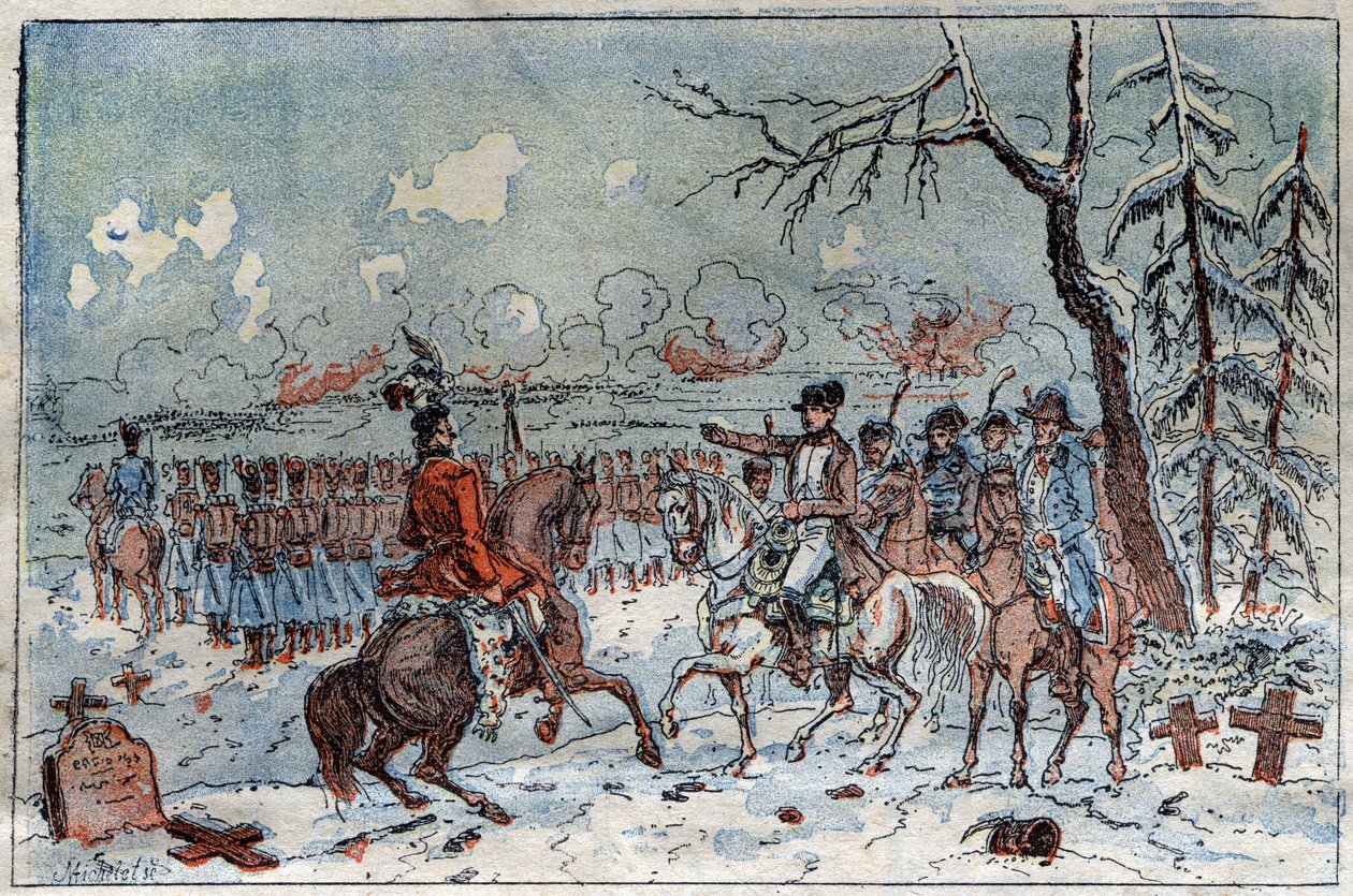 Campagne van Pruisen en Polen (1806-1807): "Napoleon I op het slagveld van Eylau op 08/02/1807 beval Murat om de Russische cavalerie terug te dringen. Gravure uit de 19e eeuw. door French School