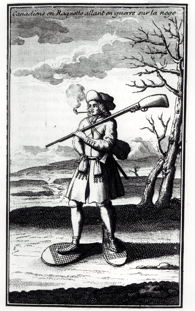 Canadees met sneeuwschoenen gaat ten strijde in de sneeuw, uit Histoire de lAmerique septentrionale door Bacqueville de La Potherie (1663-1736) gepubliceerd in 1753 door French School