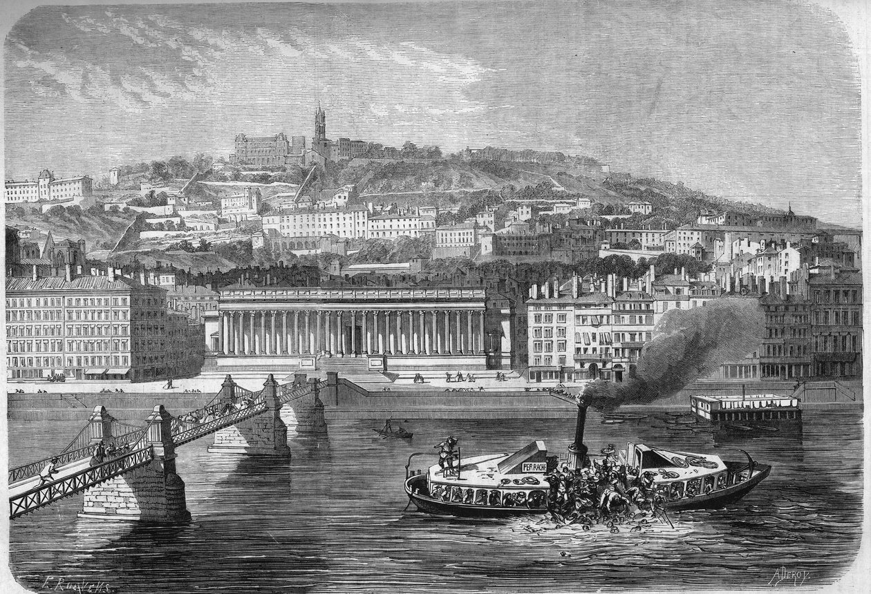 Kapseizen van de omnibus-stoomboot de "Fly nr. 4" op de Saône-rivier in Lyon (Rhône, 69), 10 juli door French School