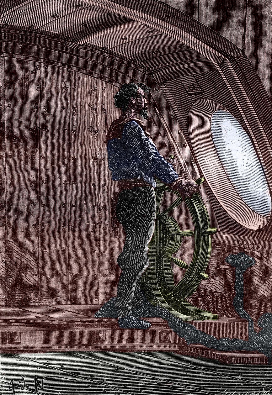 Kapitein Nemo aan het roer van de Nautilus, uit 