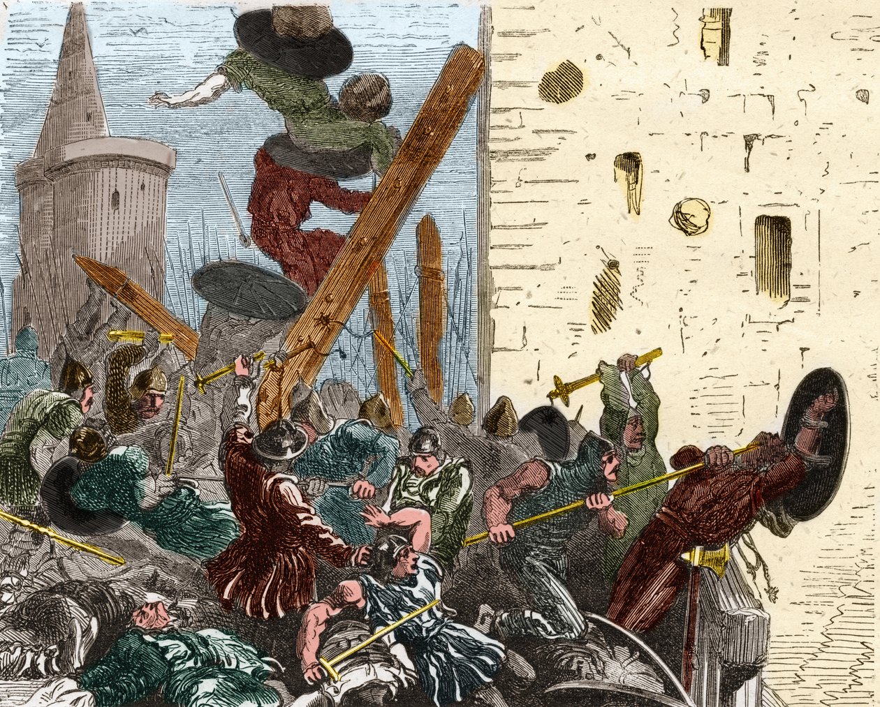 Inname van Carcassonne tijdens de kruistocht tegen de Albigenzen in augustus 1209. Gravure in "Histoire De France En Cent Peintures" door Paul Lehugeur 1891 door French School